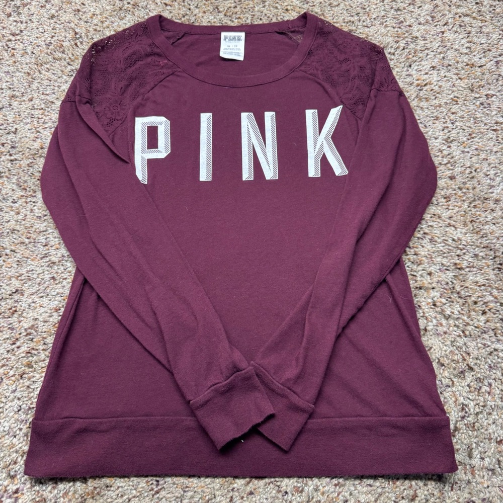 PINK Victoria's Secret Burgundy Lace Shoulder Graphic Long Sleeve Top XS Maroon